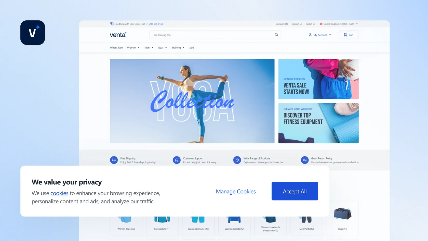 Venta online store homepage showing yoga collection and sale banners with cookie consent banner.