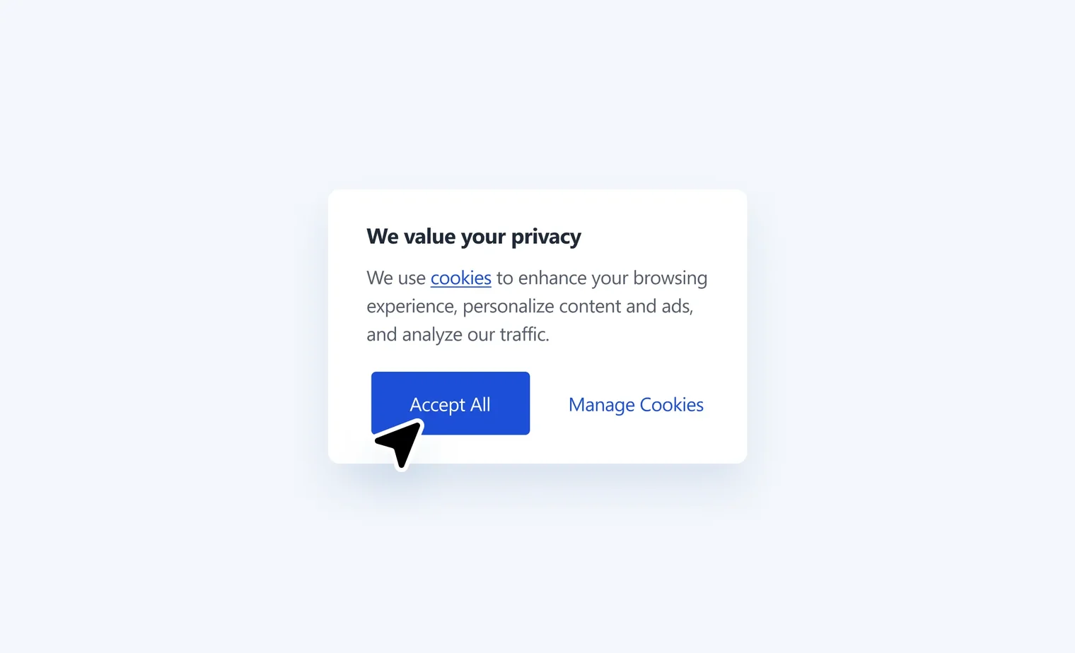 Privacy notice popup with options to Accept All cookies or Manage Cookies, cursor on Accept All button.