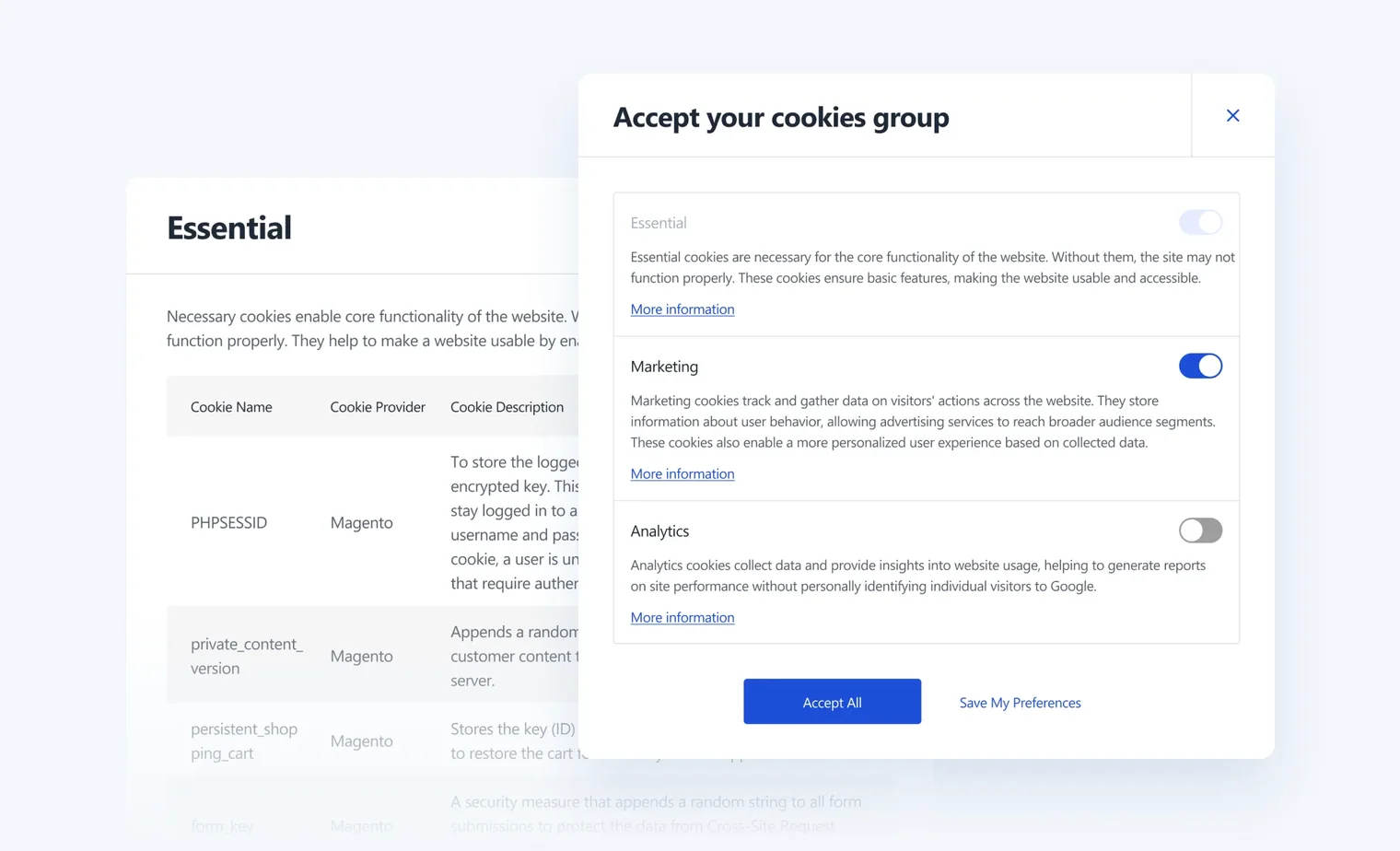 Popup to accept cookie groups with toggles for essential, marketing (on), and analytics (off) cookies.