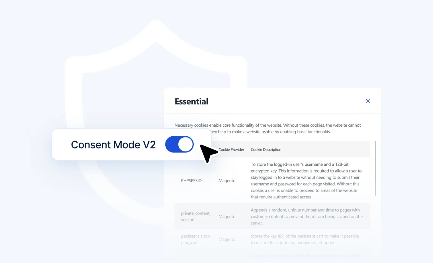 Toggle switch labeled Consent Mode V2 turned on with cookie details and descriptions in the background.