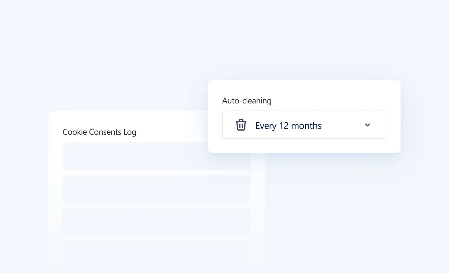 Auto-cleaning option set to delete cookie consents log every 12 months with a trash can icon.