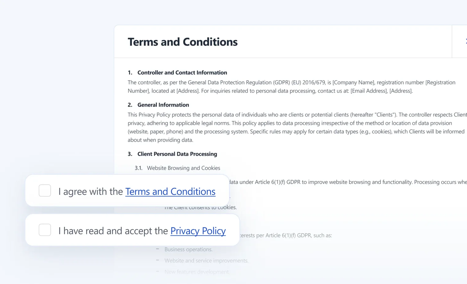 Terms and Conditions text with checkboxes to agree with terms and privacy policy links.
