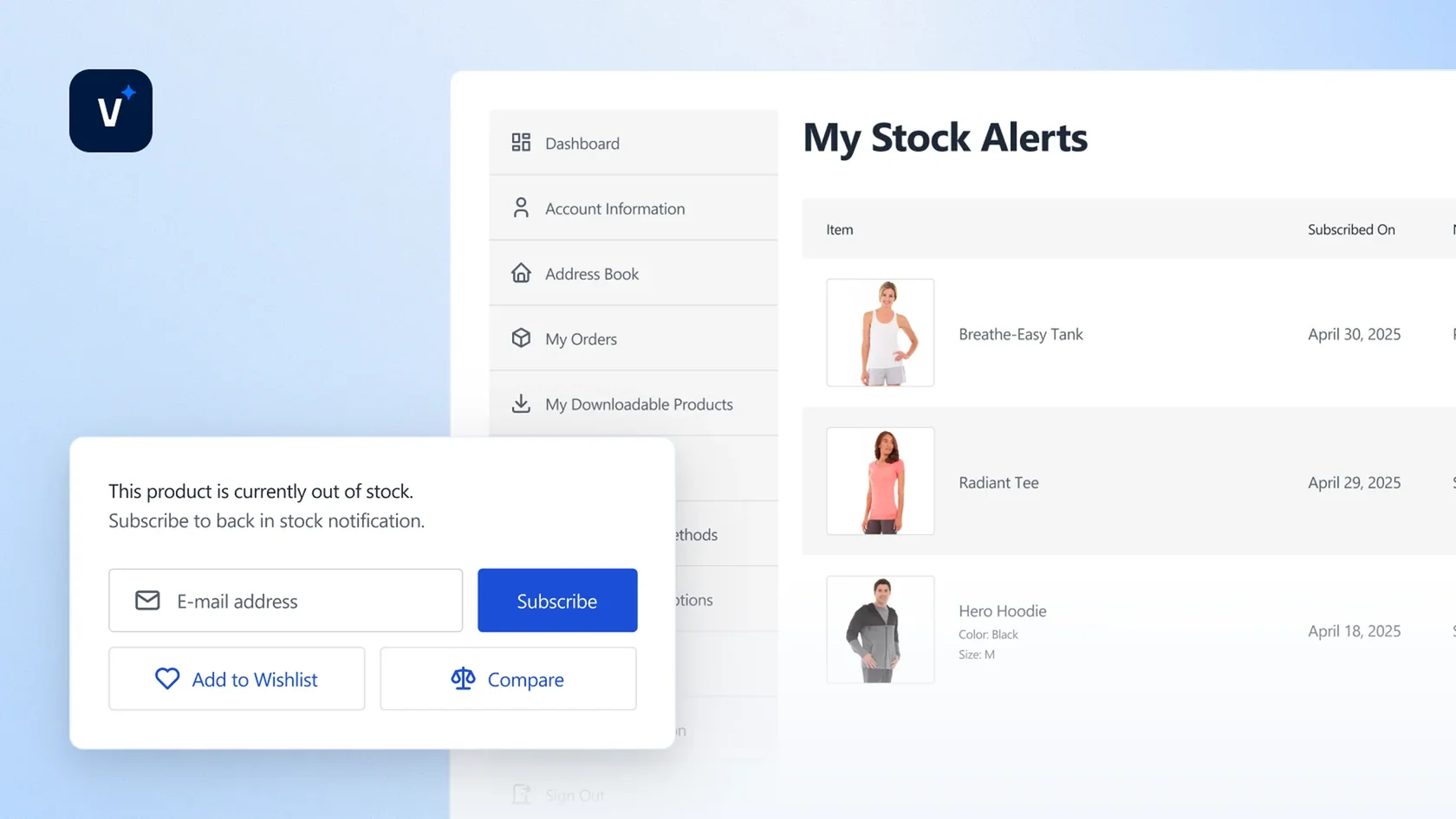 User dashboard showing stock alerts with product images and a subscription form for out-of-stock notifications.