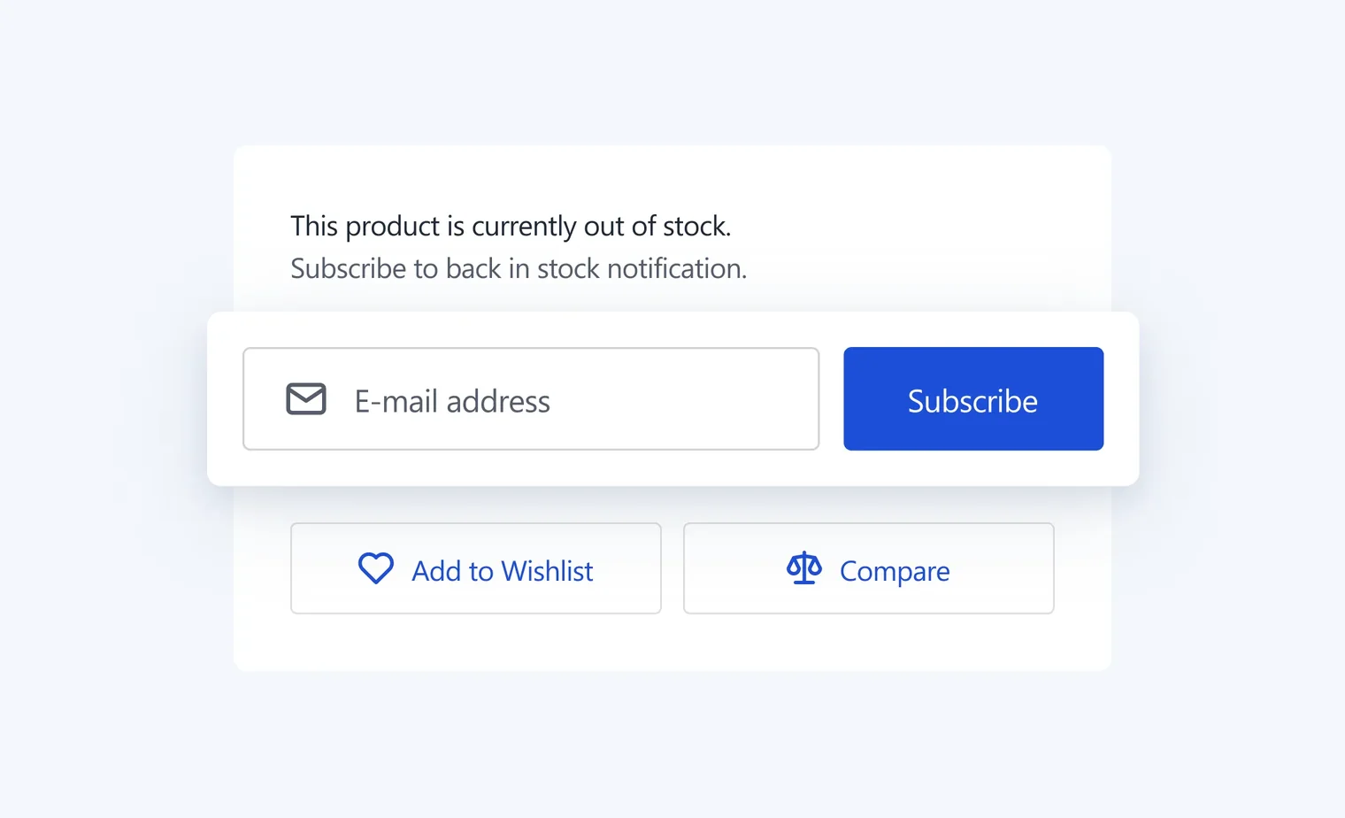 Out of stock message with email subscription form, and buttons to add to wishlist or compare.