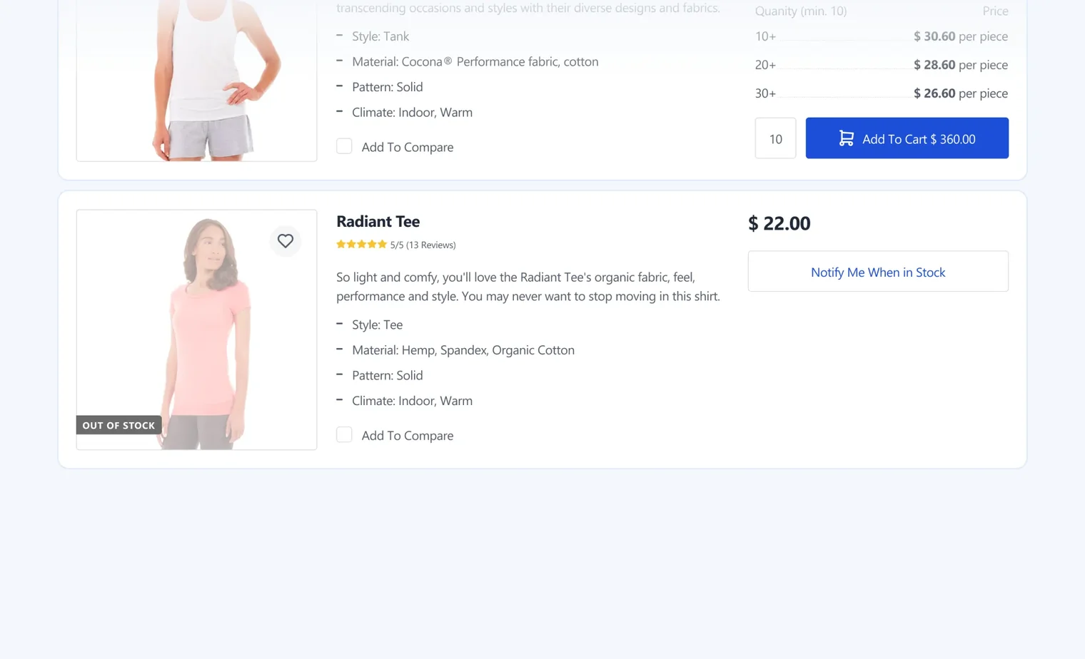 Woman wearing a pink Radiant Tee, listed out of stock, with product details and price of $22.00.