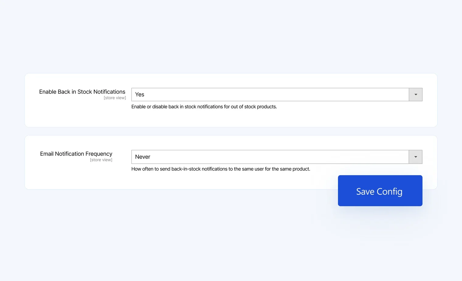 Settings for enabling back in stock notifications and email frequency with a Save Config button.
