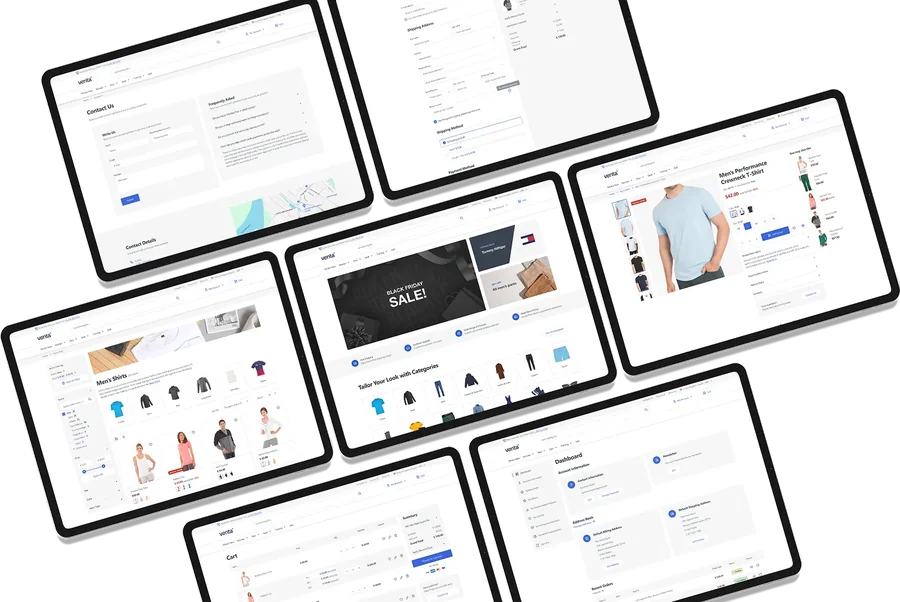 Multiple tablets showing different pages of an e-commerce website with clothing, cart, checkout, and contact forms.