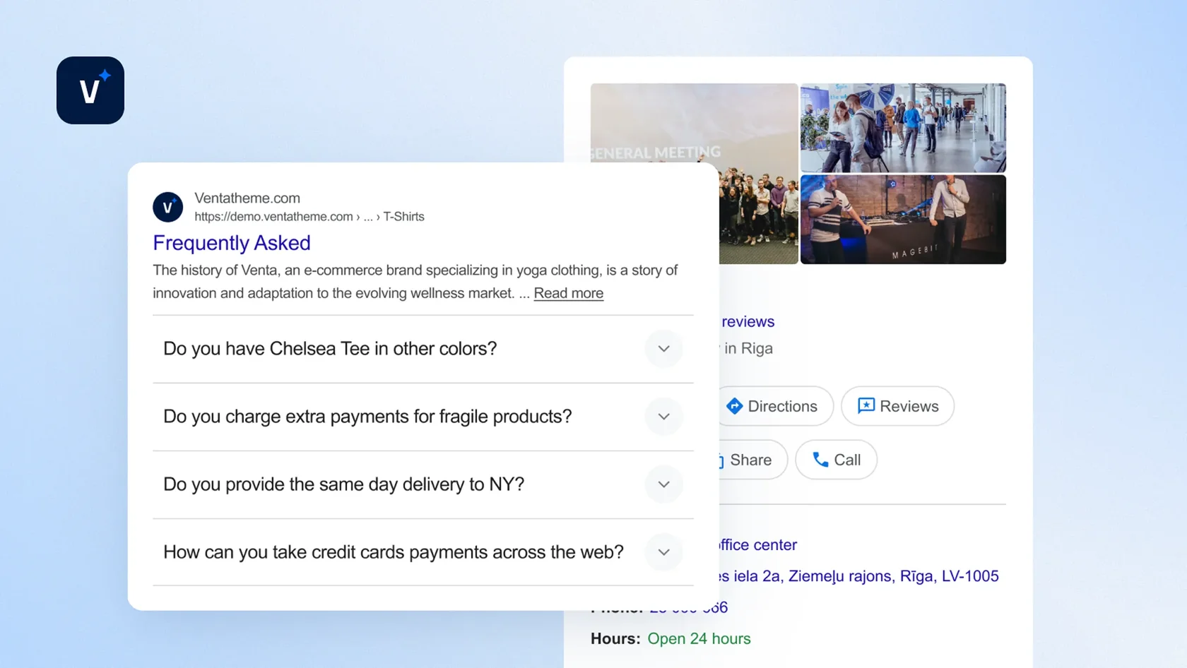 Screenshot of a FAQ section for Venta with questions about products, payment, delivery, and credit card use.