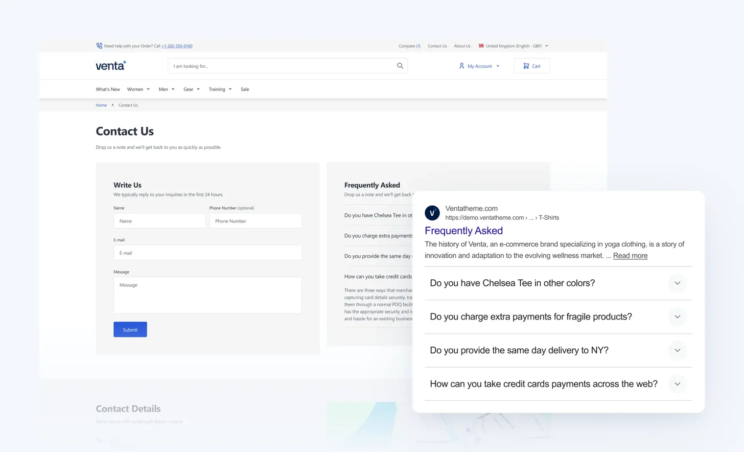 Venta contact page with form fields for name, phone, email, message, and a FAQ section with common questions.