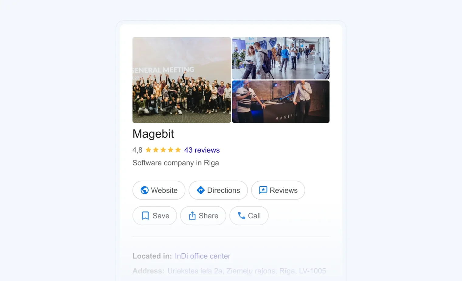 Google business profile of Magebit, a software company in Riga with 4.8 stars from 43 reviews.