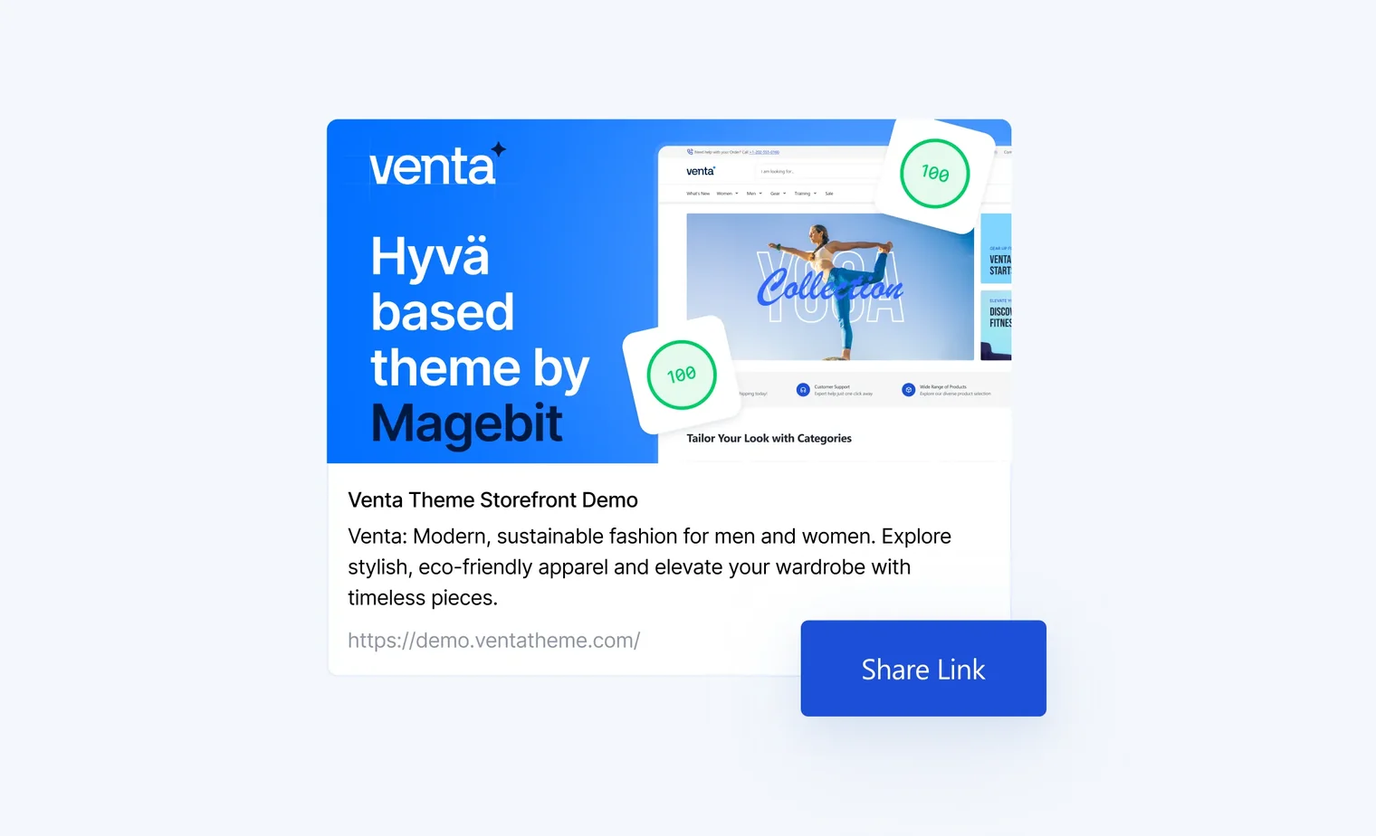 Venta theme demo promoting eco-friendly fashion with a website screenshot and performance scores of 100.