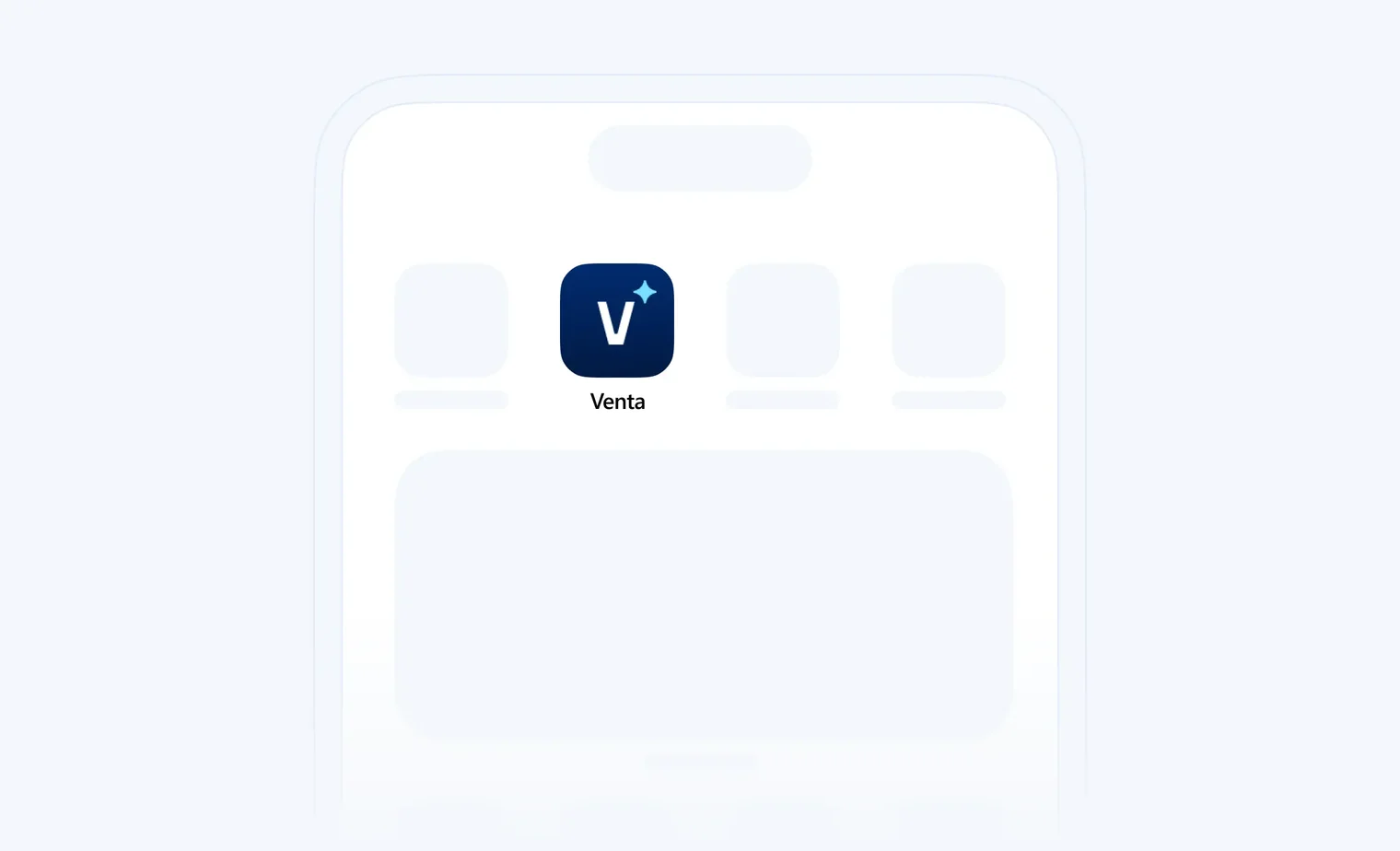 Mobile phone screen showing Venta app icon with a white v and blue star on dark blue background.