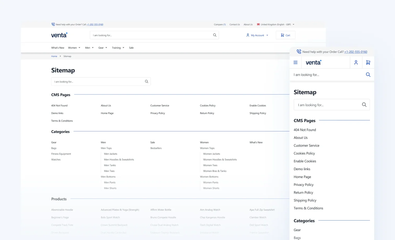 Website sitemap page showing CMS pages, categories, and products on desktop and mobile views.