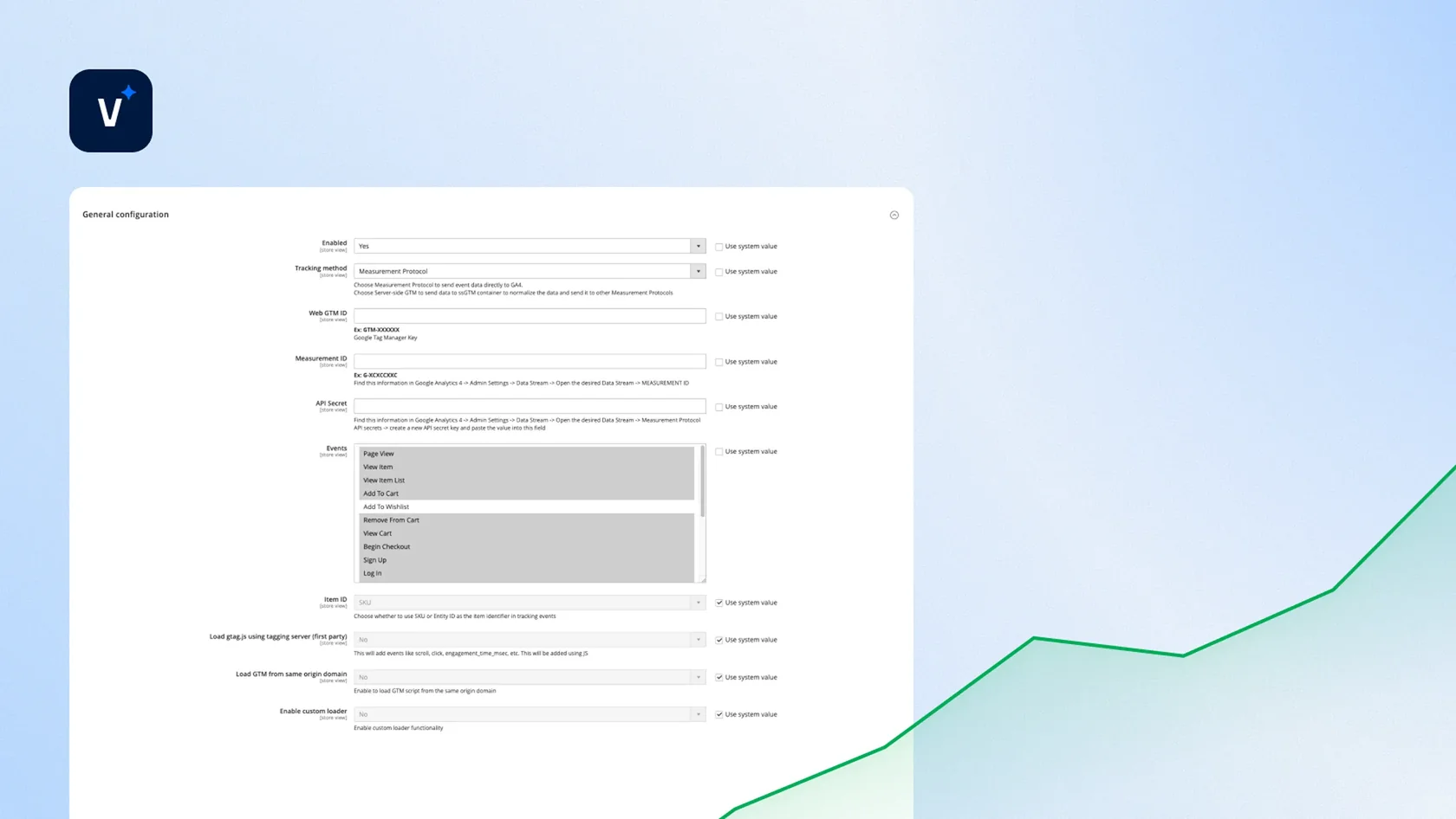 Screenshot of a configuration panel for tracking settings with options for Google Tag Manager and events.